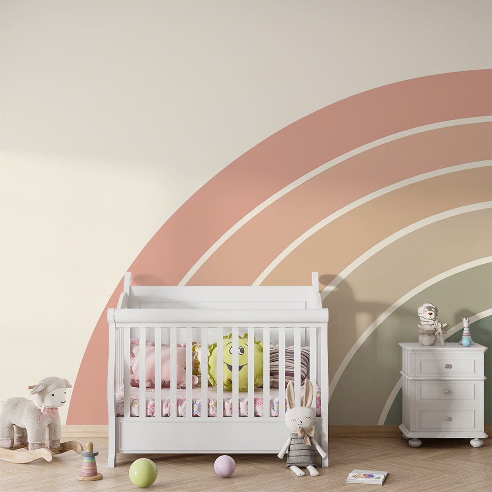 Kids-Mundo pastel rainbow wall mural brightening a playroom wall with soft colour