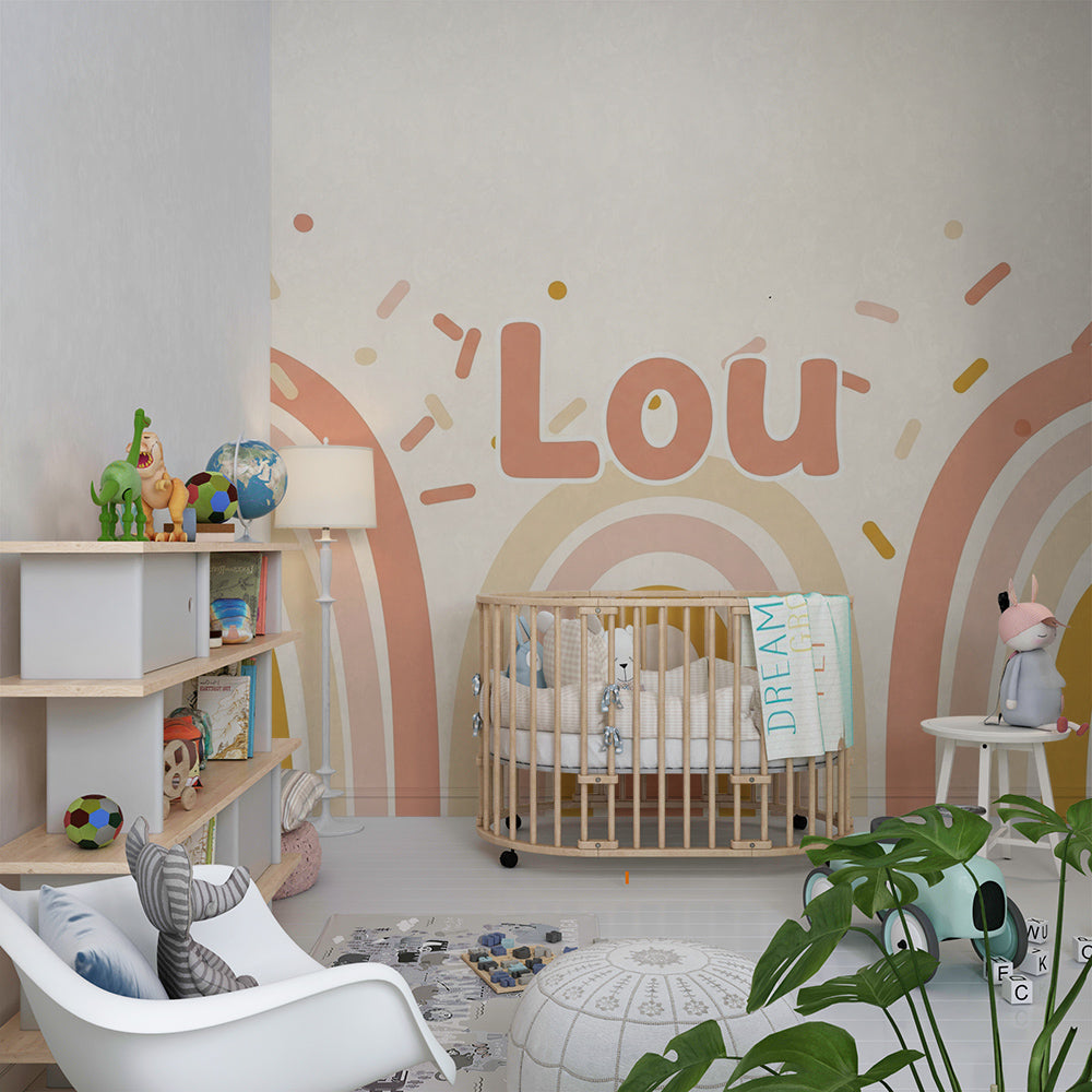Kids-Mundo pastel rainbow wall mural styled above a bed in a kids bedroom