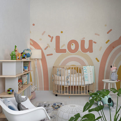 Kids-Mundo pastel rainbow wall mural styled above a bed in a kids bedroom