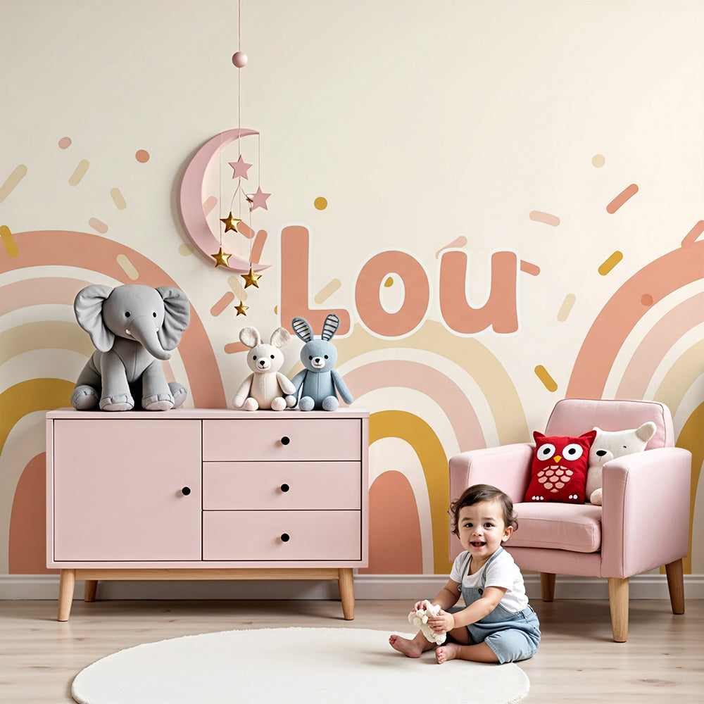 Kids-Mundo pastel rainbow arches wall mural with confetti in a baby nursery