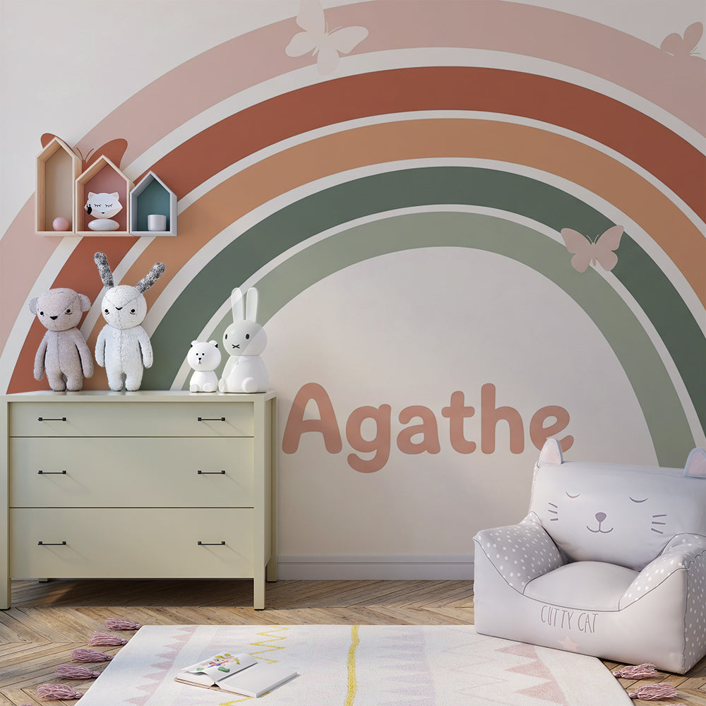 Kids-Mundo pastel rainbow wall mural with butterflies brightening a children's playroom