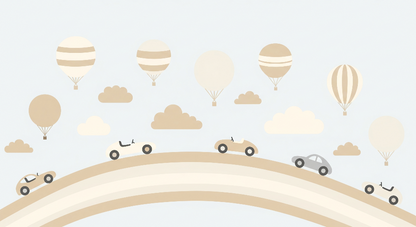 Kids-Mundo flat artwork of the pastel rainbow wall mural featuring cars, balloons and clouds