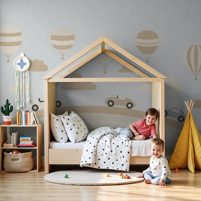 Kids-Mundo pastel rainbow wall mural with vintage cars and hot air balloons in a soft nursery