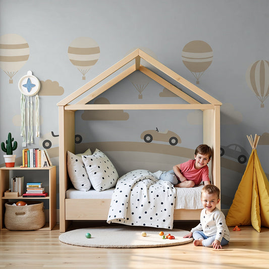 Kids-Mundo pastel rainbow wall mural with vintage cars and hot air balloons in a soft nursery