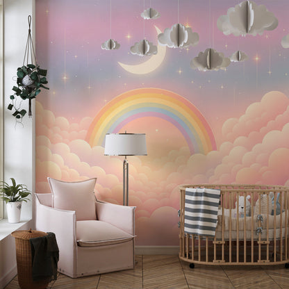 Kids-Mundo rainbow and starry sky mural on a feature wall in a pastel toddler bedroom