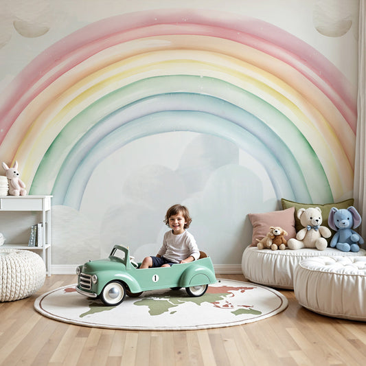 Kids-Mundo pastel watercolour rainbow and clouds wall mural in a bright nursery room