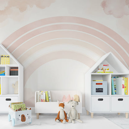 Kids-Mundo soft rainbow wall mural brightening a gentle children's playroom.
