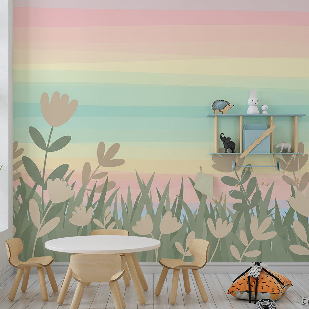 Kids-Mundo pastel wildflower meadow wall mural covering a feature wall in a cosy playroom