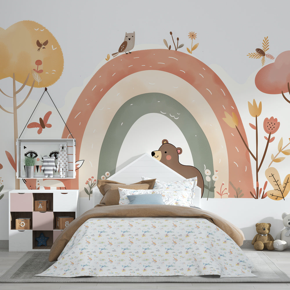 Kids-Mundo rainbow wall mural with woodland animals shown in a child's bedroom