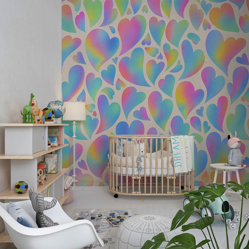 Kids-Mundo gradient hearts wall mural above a single bed in a girl's bedroom