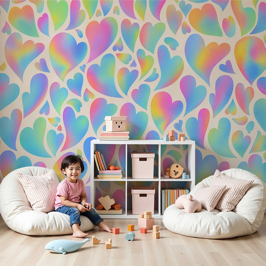 Kids-Mundo pastel rainbow hearts wall mural covering a nursery feature wall