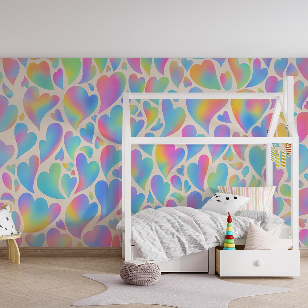 Kids-Mundo pastel hearts wall mural along the reading corner of a playroom