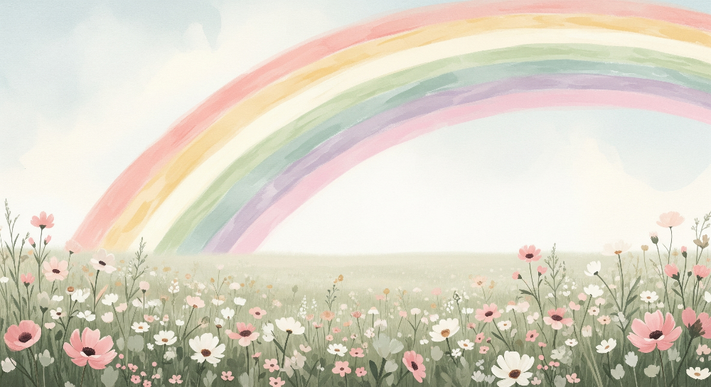 Flat artwork preview of the Kids-Mundo pastel rainbow meadow wall mural design.