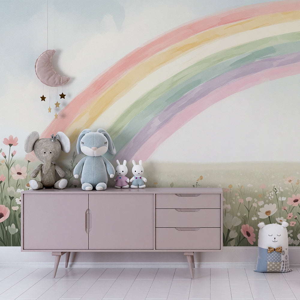 Kids-Mundo rainbow meadow wall mural bringing cheerful colour to a playroom wall.