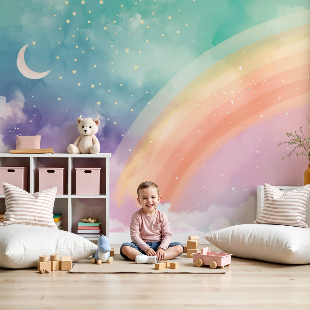 Kids-Mundo pastel rainbow wall mural with moon and stars styled in a calm baby nursery