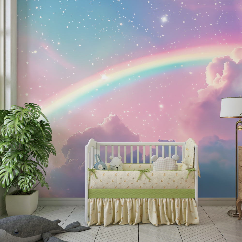 Kids-Mundo dreamy rainbow and clouds wall mural decorating a young child's bedroom