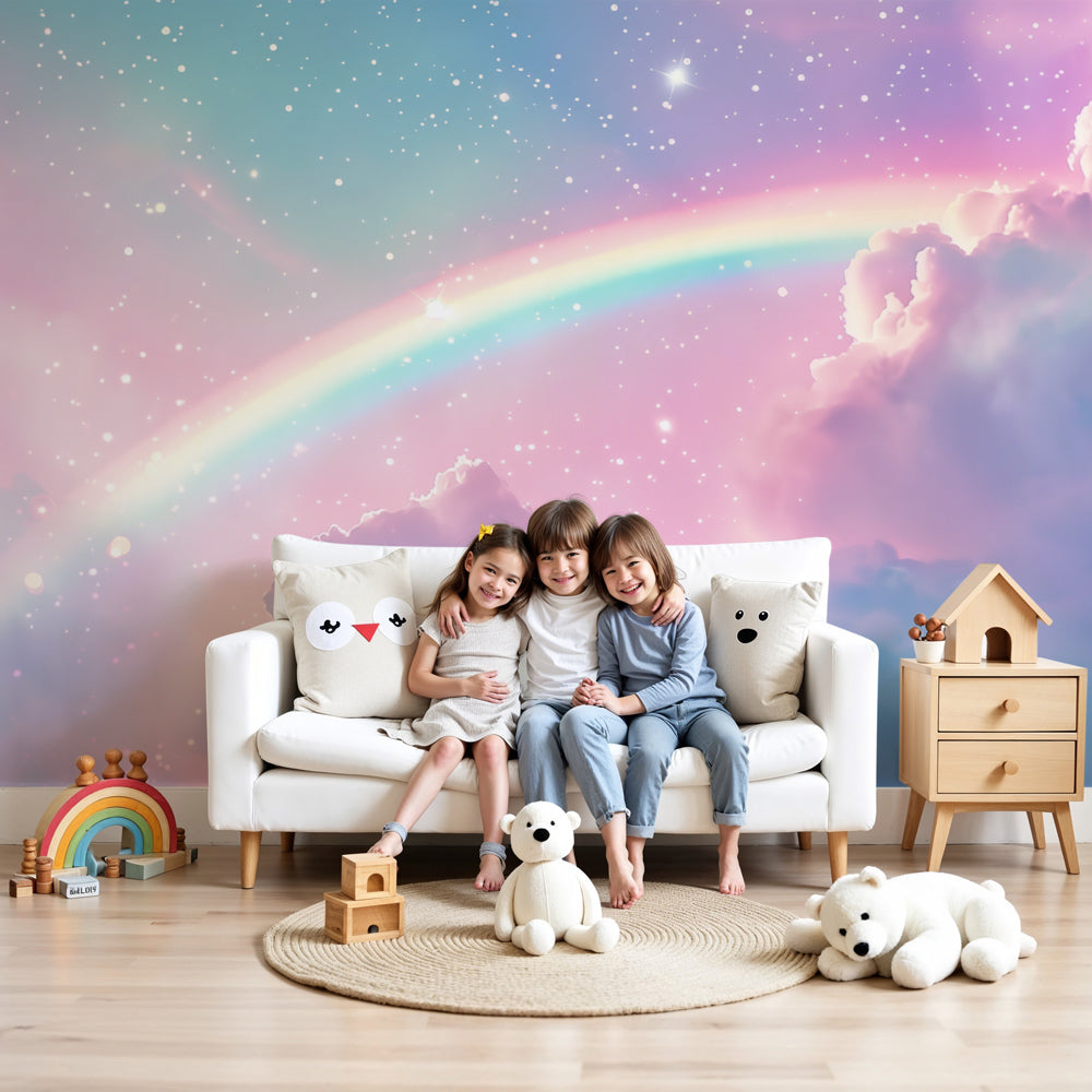 Kids-Mundo pastel rainbow wall mural with starry sky shown in a soft baby nursery