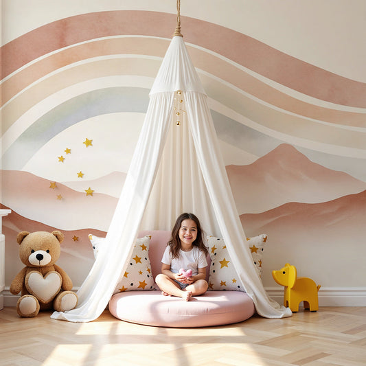 Pastel rainbow wall mural by Kids-Mundo behind a cot in a warm terracotta nursery