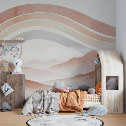 Rainbow mountain wall mural from Kids-Mundo brightening a cosy playroom wall