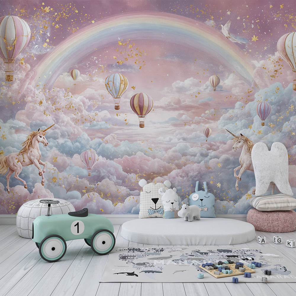 Kids-Mundo unicorn and hot air balloon wall mural in a girl's kids bedroom