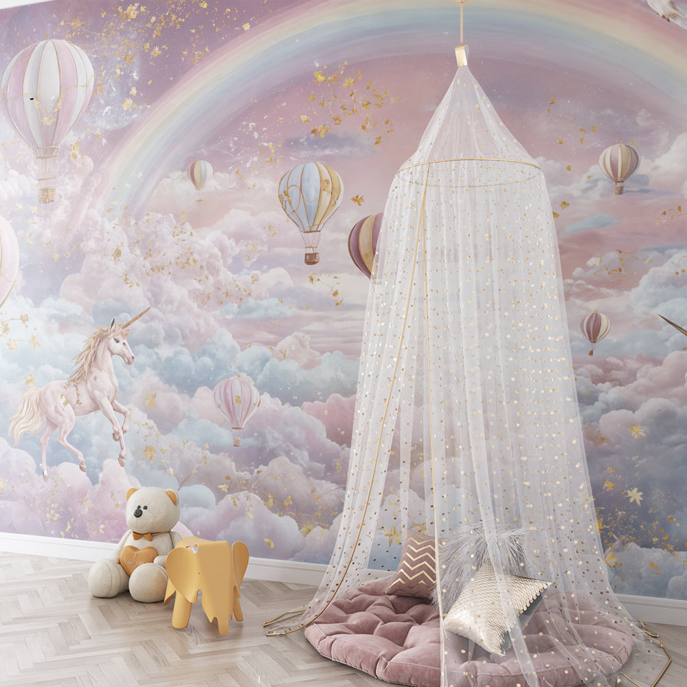 Kids-Mundo made-to-measure rainbow and unicorn wall mural brightening a shared playroom
