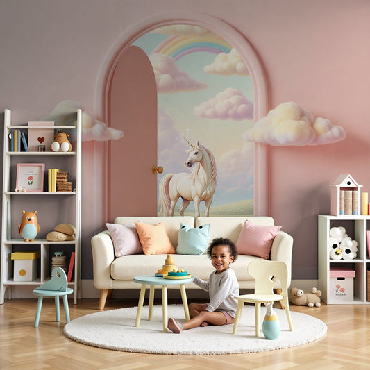 Kids-Mundo pastel rainbow unicorn wall mural behind a pink door in a calm baby nursery.