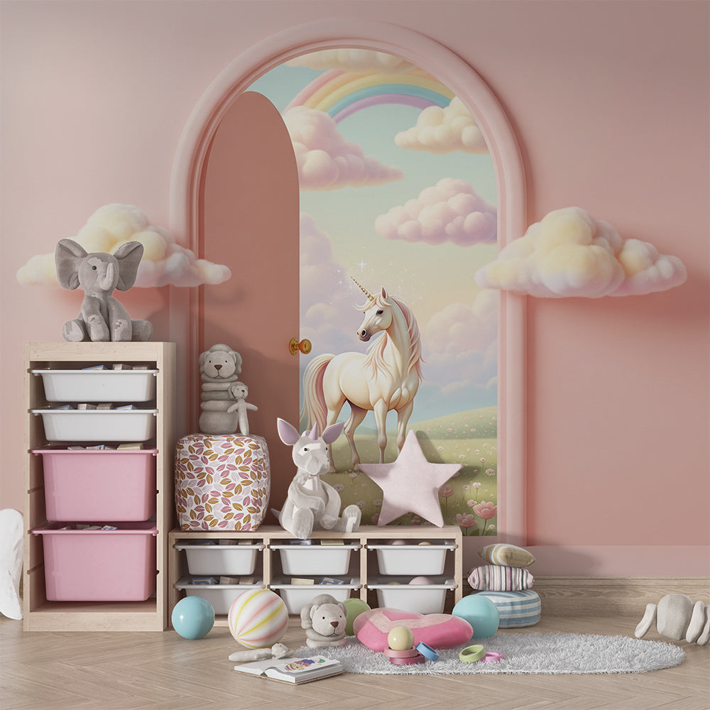 Kids-Mundo pastel rainbow unicorn door wall mural adding colour to a bright children's playroom.