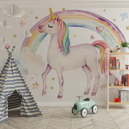 Rainbow unicorn wall mural styled on a kids bedroom wall by Kids-Mundo