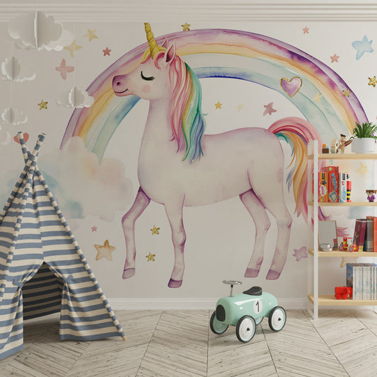 Rainbow unicorn wall mural styled on a kids bedroom wall by Kids-Mundo