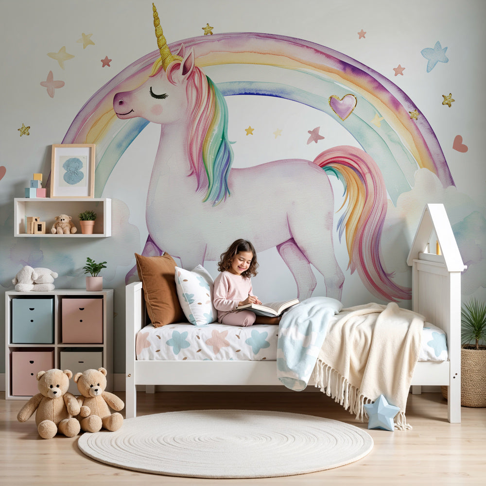 Pastel rainbow unicorn wall mural made to measure for a nursery, Kids-Mundo