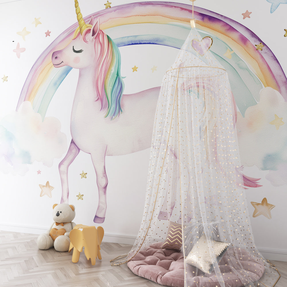 Pastel unicorn wall mural with rainbow and clouds in a playroom, Kids-Mundo