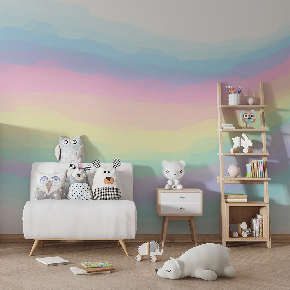 Kids-Mundo flowing rainbow wall mural styled in a colourful kids' bedroom.