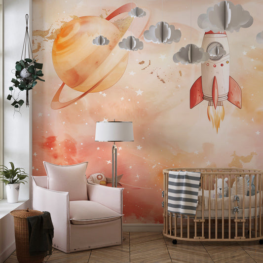 Kids-Mundo pastel space mural on a kids bedroom wall, showing a rocket rising through blush pink clouds