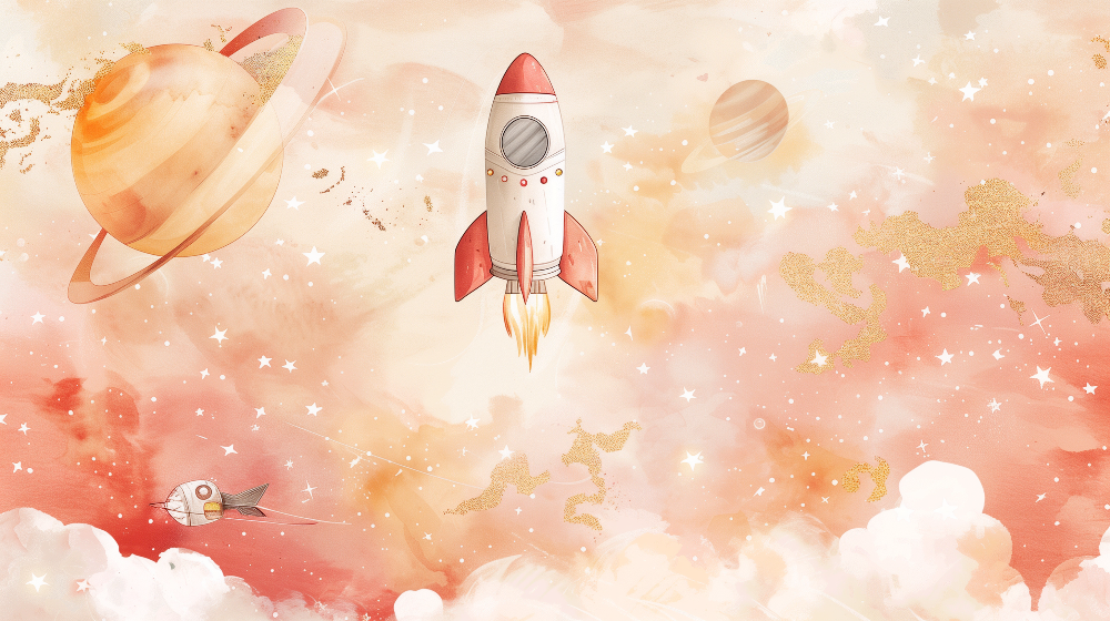 Pastel Watercolour Rocket and Clouds Space Wall Mural