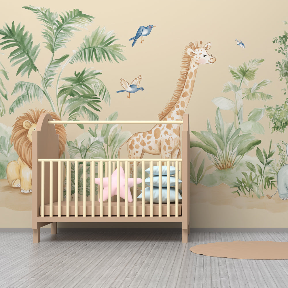 Kids-Mundo pastel safari wall mural with watercolour animals shown in a bright playroom