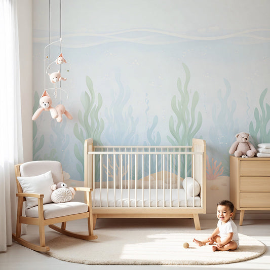 Kids-Mundo pastel seaweed wall mural in a soft green nursery with a cot