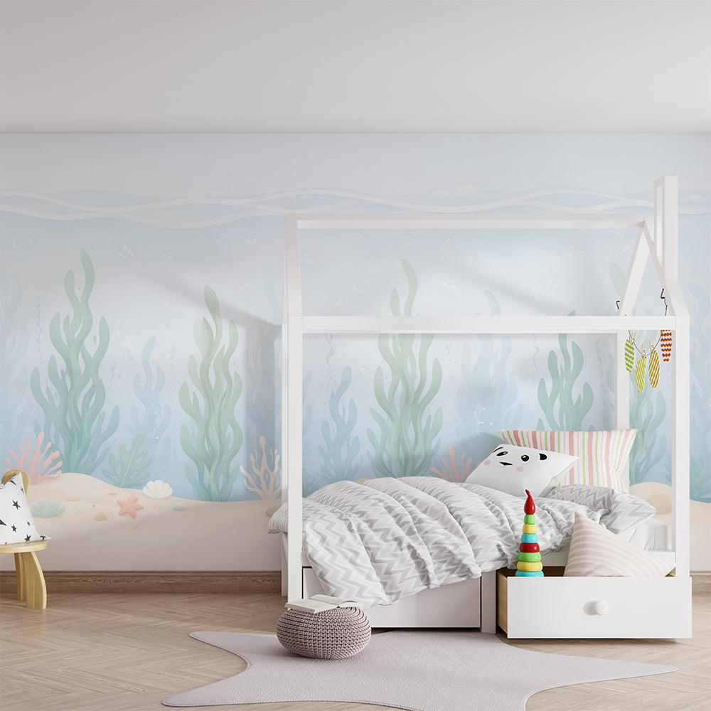Kids-Mundo pastel seaweed wall mural in a calm children's playroom corner