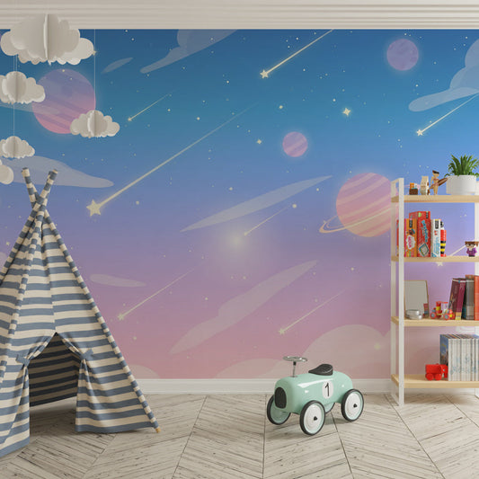 Kids-Mundo soft pastel space mural on a feature wall in a pink and blue kids bedroom.