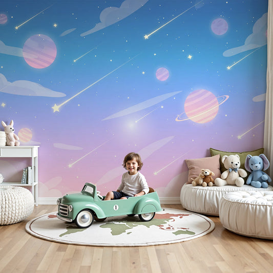 Kids-Mundo pastel sky wall mural with shooting stars above a cot in a calm nursery.