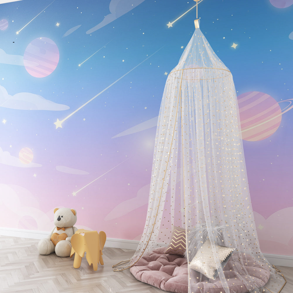 Kids-Mundo pastel clouds and planets mural brightening a playroom wall.