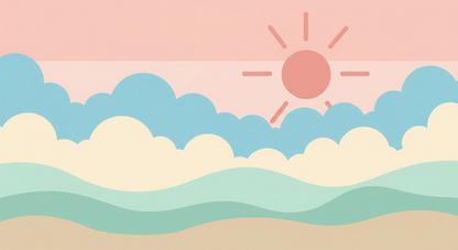 Flat artwork preview of the Kids-Mundo pastel sky wall mural showing sun, clouds and gentle waves
