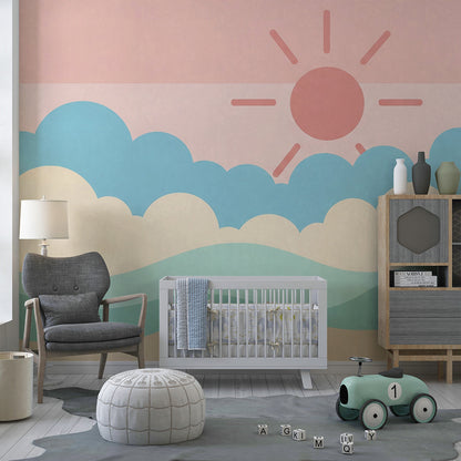 Kids-Mundo pastel sky and waves wall mural covering a wall in a cheerful children's playroom