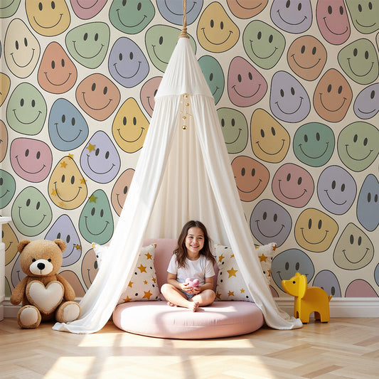 Kids-Mundo pastel smiley faces pattern wall mural in a bright nursery room