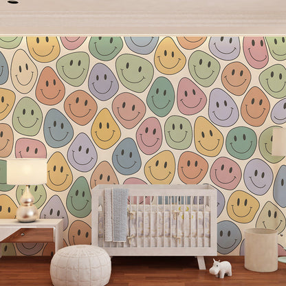 Kids-Mundo pastel smiley faces pattern wall mural featured in a colourful playroom