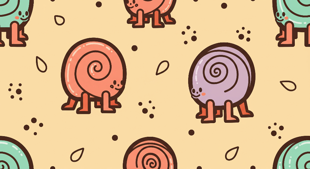 Kids-Mundo flat artwork of smiling spiral-shelled snails in coral and lavender on a sandy background