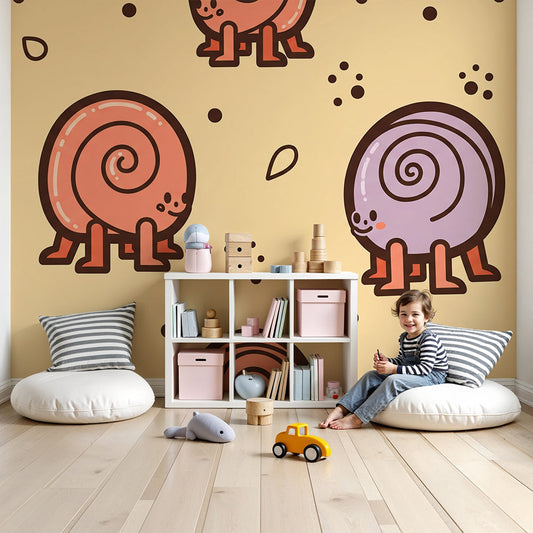 Kids-Mundo pastel snail wall mural styled behind a cot in a calm sandy-toned nursery