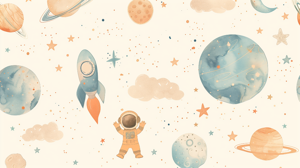 Playful Pastel Space Pattern with Rocket Wall Mural