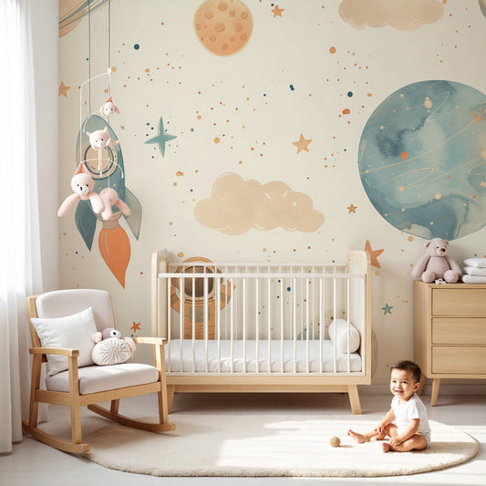 Kids-Mundo pastel space wall mural styled in a calm neutral nursery with a cot and soft toys.
