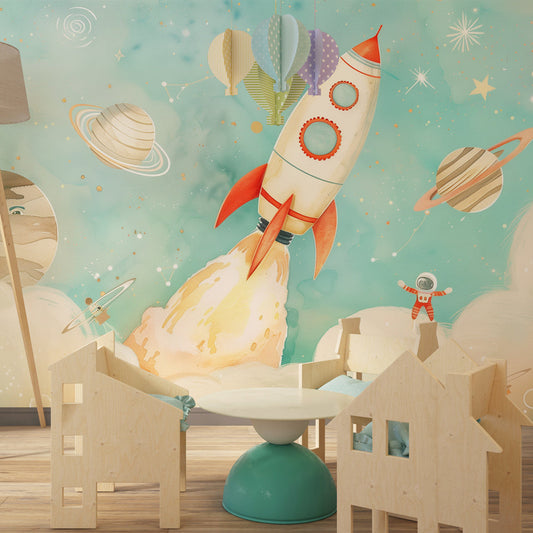 Space rocket and astronaut wall mural by Kids-Mundo on a kids bedroom wall