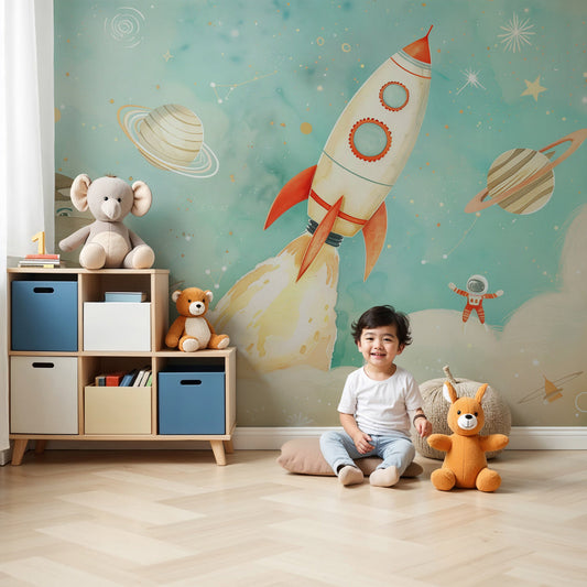 Kids-Mundo pastel space rocket wall mural with planets in a calm nursery